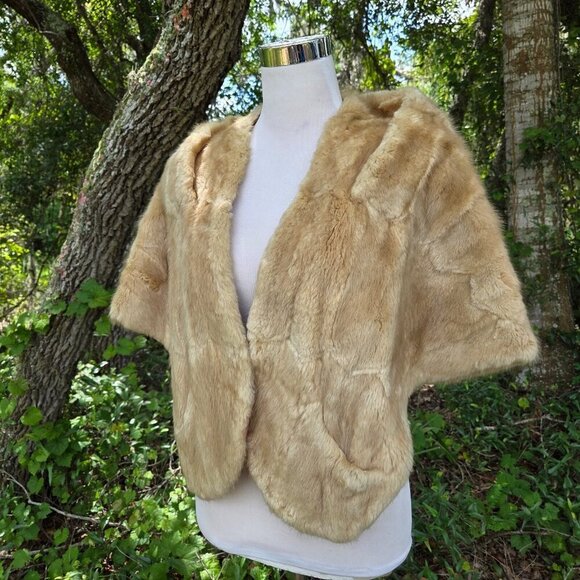 Macys VTG Genuine Mink Fur Stole Wrap Cape Light Brown Lined Collar Pockets - Picture 1 of 13